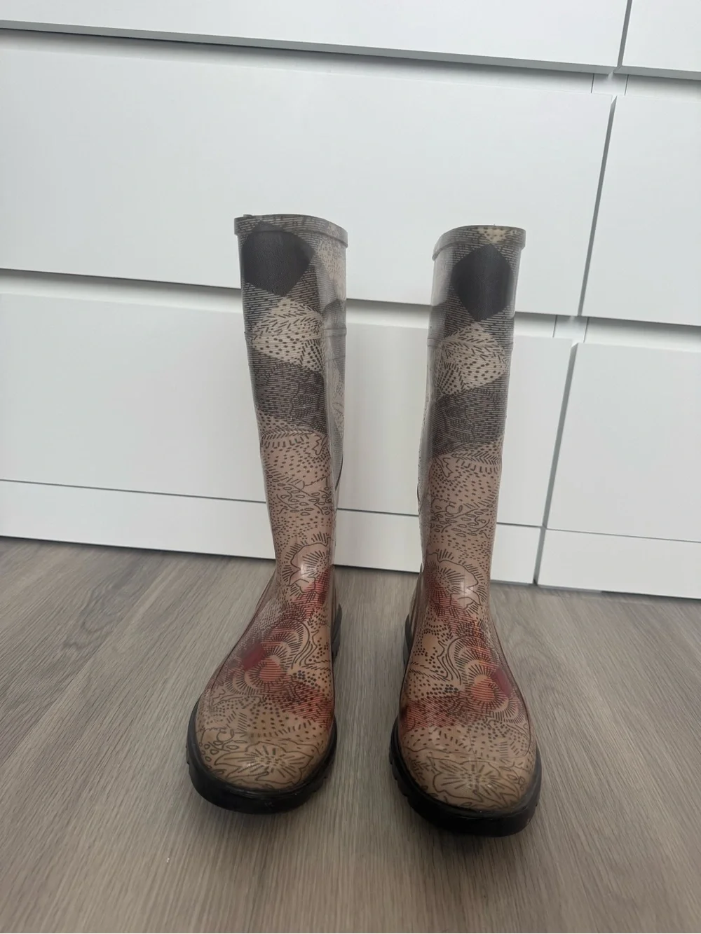 Burberry Beige and Black Patterned Tall Rain Boots